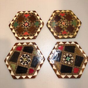 Vintage Inlaid Design Hexagon Coaster Set of 4 Spain